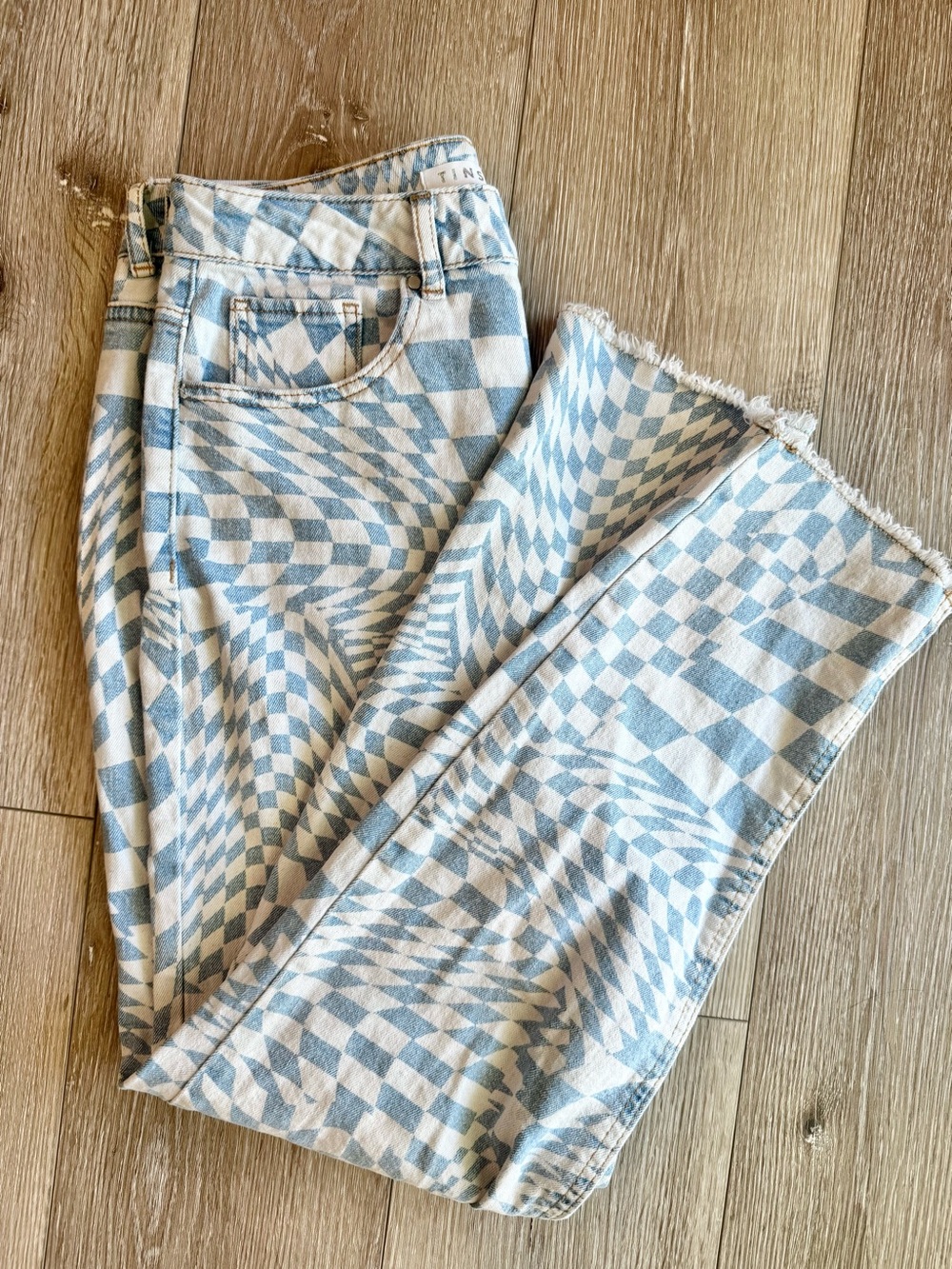 Tinseltown Geometric Light Blue & White Checkered High Waisted Jeans